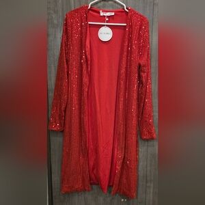 Red Sequin Open Front Midi Length Cardigan